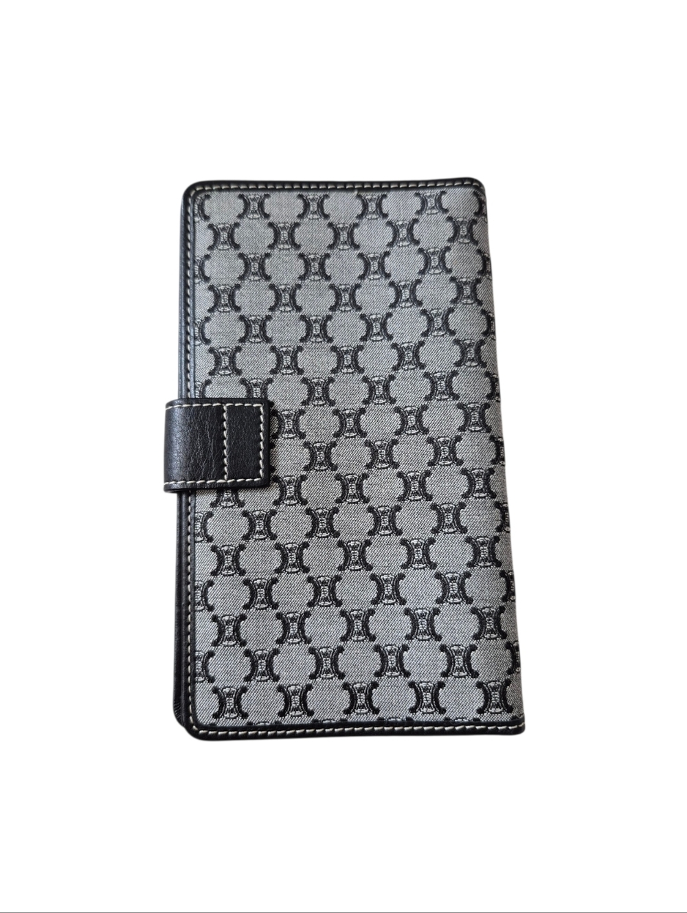 Celine Paris Black Grey Triomphe Fabric Leather Long Wallet - Picture 2 of 13